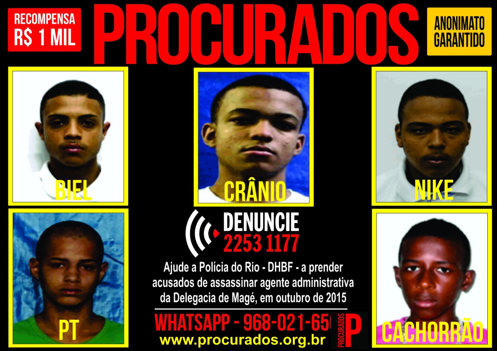 Portal dos Procurados divulga cartaz dos acusados de assassinar uma agente administrativa da delegacia de Magé