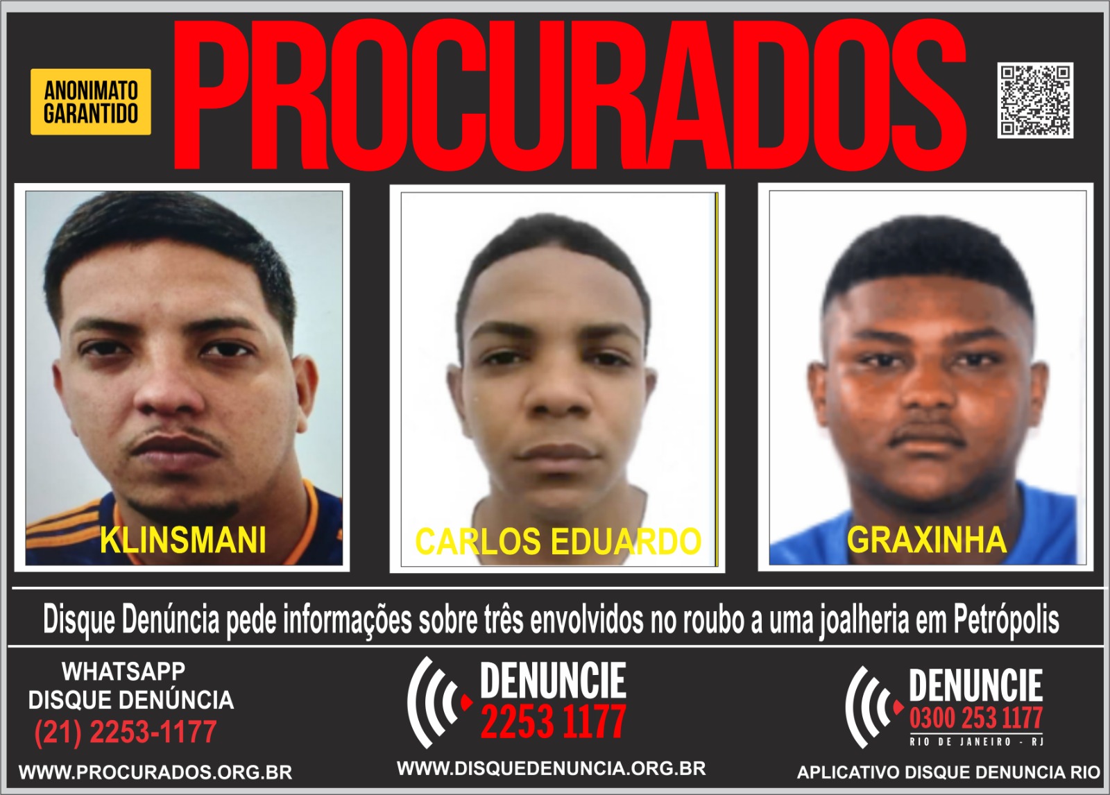 Três homens são procurados por roubo a joalheria em Petrópolis